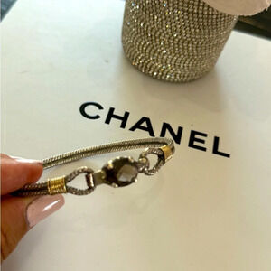 Quartz genuine gemstone brown sterling silver .925 gold accent bangle bracelet